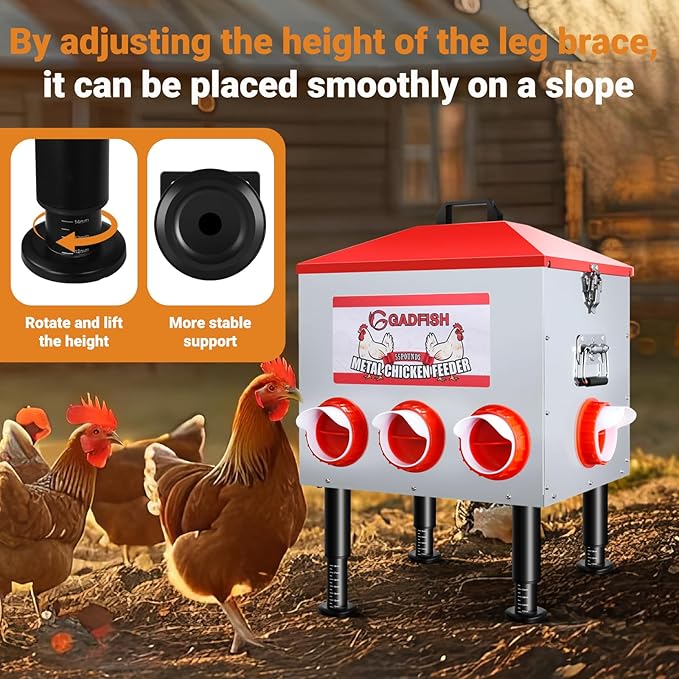 GADFISH 55 lbs–65 lbs Large Capacity Automatic Chicken Feeder - 8 Feeding Ports, No Waste Chicken Feeder, Height-Adjustable Legs & Secure Locking Lid for Chickens, Ducks & Poultry