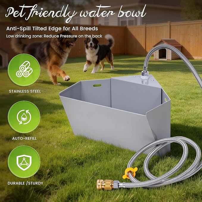 Stainless Steel Automatic Dog Water Bowl Dispenser Outdoor Corner Wall Mount, 6L/1.6 Gallon Automatic Waterer Feeder, Self Filling Livestock Water Trough for Large Breed and Chicken