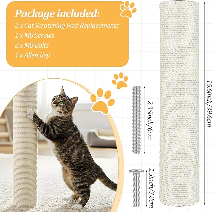 2 Pcs Cat Scratching Post Replacement, 15.7 x 3 Inch Sisal Pole Cat Tree Replacement Post with M8 Screws, Refill Scratcher Posts for Indoor Kitten Tree Tower Spare Cats Furniture Protector