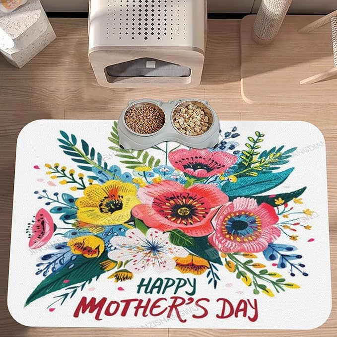Pet Feeding Mat for Floors Waterproof Dog Mat for Food and Water Happy Mother's Day Floral Gift Mom By Absorbent Quick Dry Non Slip Mats Cat Bowls 18X12In