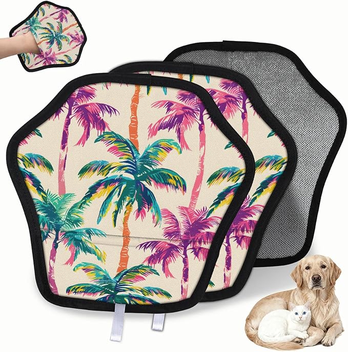 Reusable Pet Hair Removal Glove Tropical Coconut Trees Magic Brush for Cat & Dog Hair Remover for Car, Sofa, Bedding, Clothes - 9x9 Mitt Washable