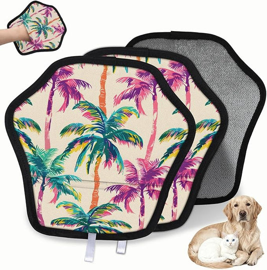 Reusable Pet Hair Removal Glove Tropical Coconut Trees Magic Brush for Cat & Dog Hair Remover for Car, Sofa, Bedding, Clothes - 9x9 Mitt Washable