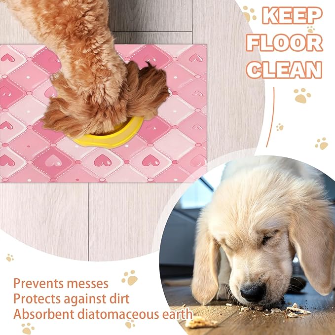 Love Heart Dog Food Mat for Floors Absorbent, Quick Dry Water Dispenser Mat for Food, Water, Pet Supplies 16" x 24", Ringge Plaid