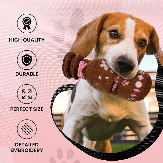 Dog Diggin Designs Chewy Vuiton Brown Blossom Pawfum Plush Dog Toy Bottle | Luxury-Inspired Parody Designer Perfume Bottle with Squeaker, Soft Plush Fashion Dog Toy – Prêt-à-Porter Play!