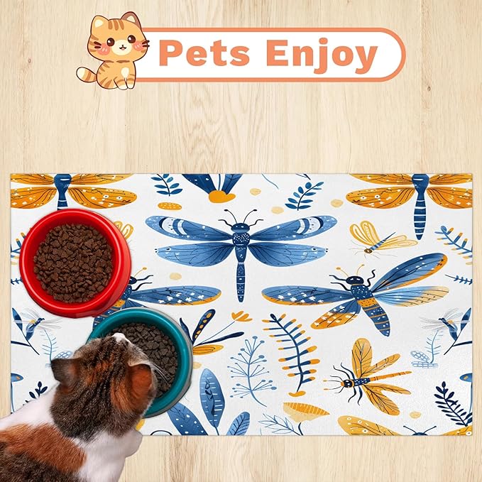 Boho Dragonfly Dog Food Mat for Floors Absorbent, Quick Dry Water Dispenser Mat for Food, Water, Pet Supplies 16" x 24", Wildflower