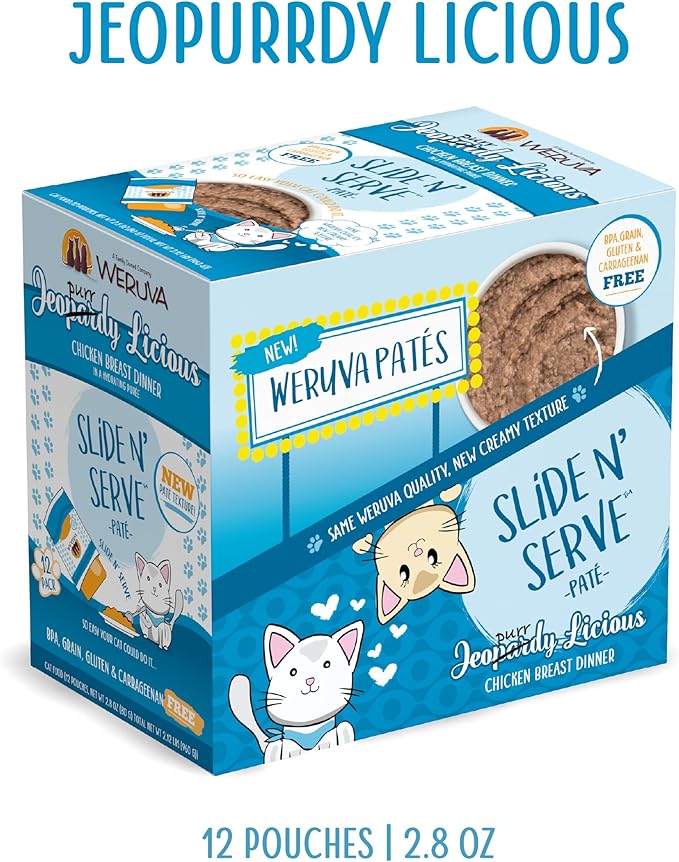 Weruva Slide N' Serve Paté Wet Cat Food, Jeopurrdy Licious Chicken Dinner, 2.8oz Pouch (Pack of 12)