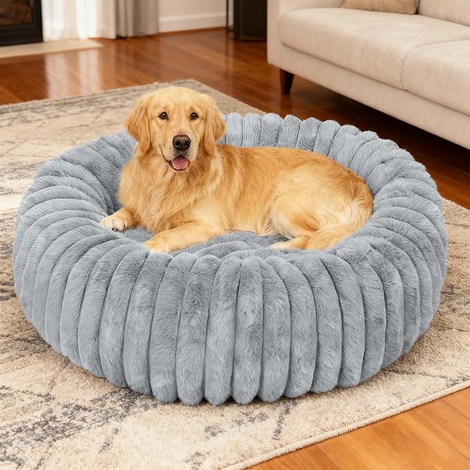 Washable Extra Large Dog Bed,Calming Anti Anxiety Round Donut Dog Bed,Fluffy Puppy Beds for Small Dogs,Cute Kitten Cat Beds for Indoor Cats,Anti-Slip Comfort Pet Beds for Extra Large Size(Grey,XXL)