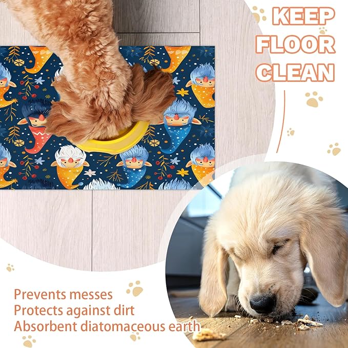 Merry Christmas Dog Food Mat for Floors Absorbent, Quick Dry Water Dispenser Mat for Food, Water, Pet Supplies 24" x 32", Cute Dwarfs
