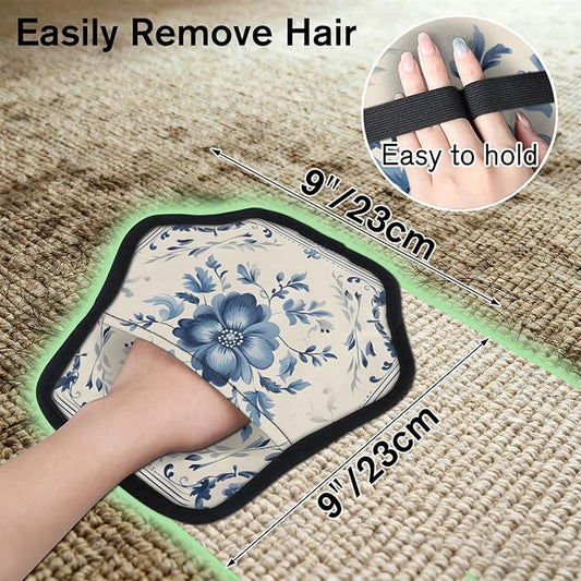 Reusable Pet Hair Removal Glove Blue Floral Pattern Magic Brush for Cat & Dog Hair Remover for Car, Sofa, Bedding, Clothes - 9x9 Mitt Washable