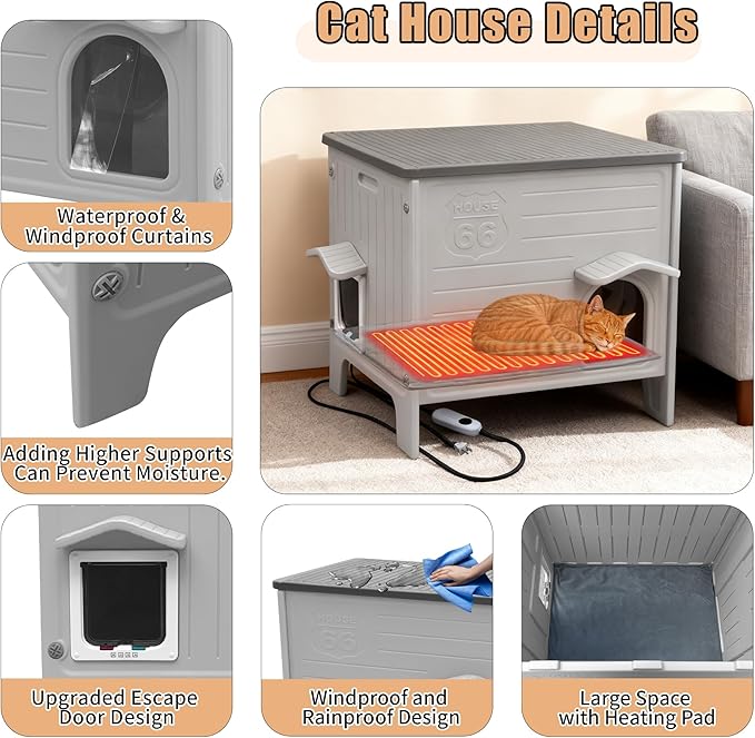Heated Cat House for Winter, Feral Cat Houses for Outdoor with Escape Door, Outside Waterproof Cat Shelter for Feral Cats, Assemble Easily