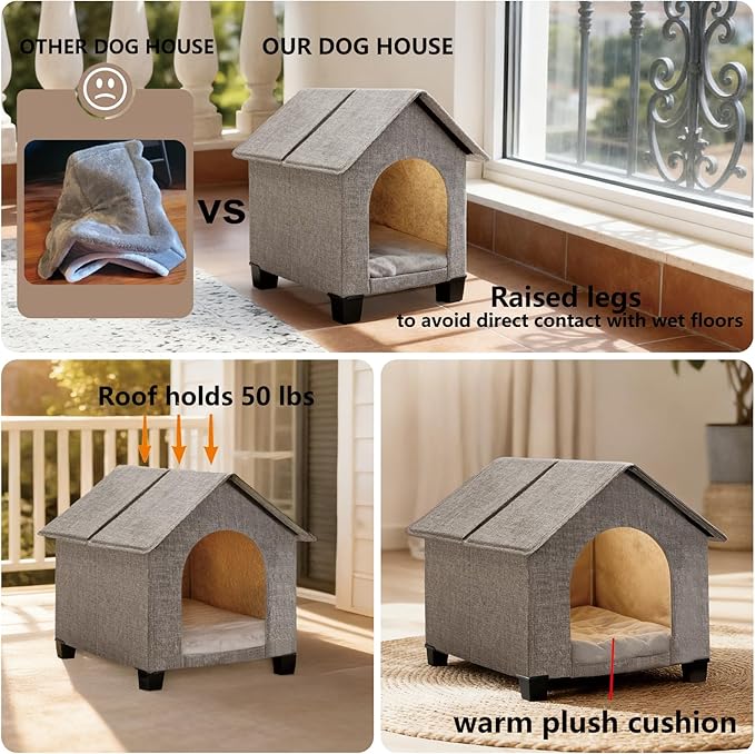 Indoor Dog House, Elevated Foldable Dog Cave Bed with Removable Plush Mat for Medium Dogs and Cats Up to 23.6 Inches Long