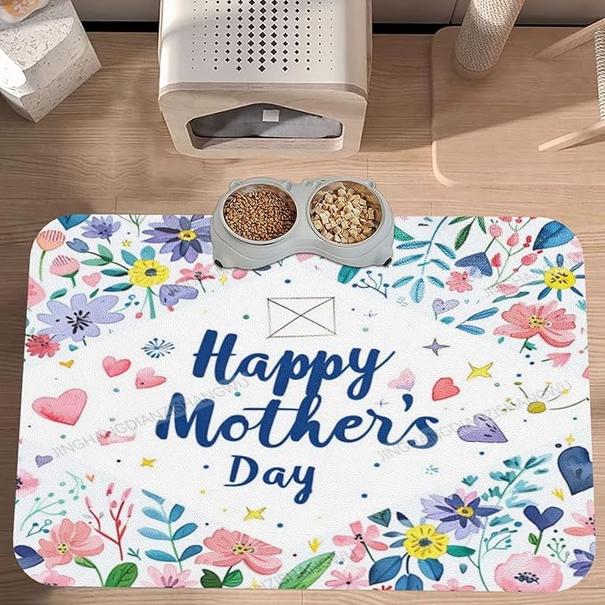 Pet Feeding Mat for Dogs Cats Happy Mother's Day Floral Gift for Mom EB Absorbent Dog Food Mat Non-Slip Waterproof Placemat Quick Dry Pet Supplies Bowl Mats