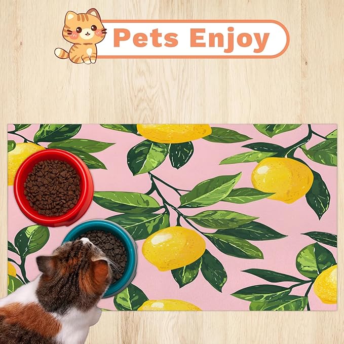 Lemon Fruits Dog Food Mat for Floors Absorbent Dog Bowl Mat for Food and Water Dispenser Quick Dry Cat Food Placemat Pet Supplies 12" x 20", Green Leaves