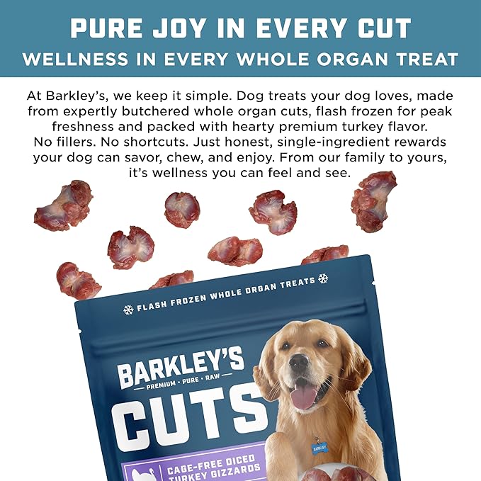 Barkley’s Cuts, Frozen Raw Diced Turkey Gizzards Dog Treats, Single Ingredient, Flash Frozen, High Protein Training Treats and Food Toppers for Puppies and Dogs, Human Grade Ingredients, 16 Oz Bag