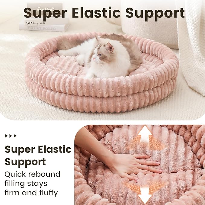 Donut Pet Bed for Cats & Small Dogs, Fluffy Warm Round Bed, Machine Washable with Anti-Slip Bottom, Indoor Use, Dark Pink, 28"x28"x5"