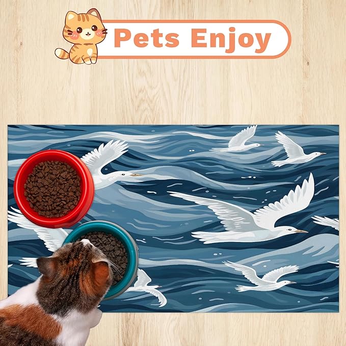 Seagull Ocean Dog Food Mat for Floors Absorbent, Quick Dry Water Dispenser Mat for Food, Water, Pet Supplies 17" x 30", Blue Beach