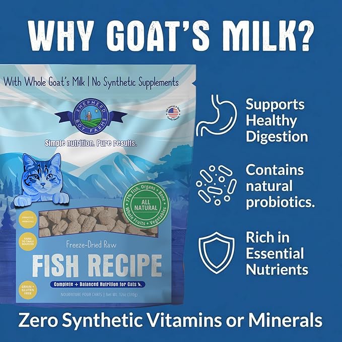 Shepherd Boy Farms Freeze-Dried Fish Cat Food – High-Protein, Grain-Free, Made with Organic Produce & Goat’s Milk (12oz)