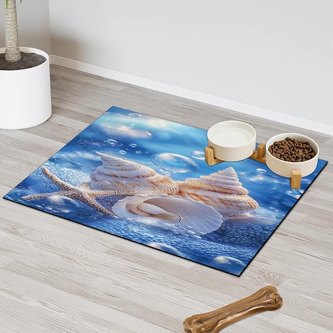 Ocean Beach Dog Food Mat for Floors Absorbent Dog Bowl Mat for Food and Water Dispenser Quick Dry Cat Food Placemat Pet Supplies 17" x 30", Starfish Seashells