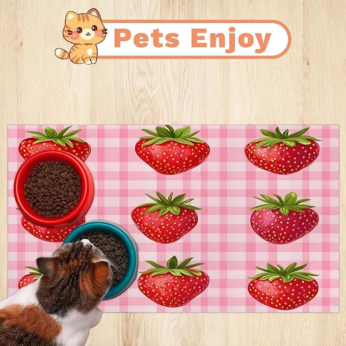 Strawberry Dog Food Mat for Floors Absorbent Dog Bowl Mat for Food and Water Dispenser Quick Dry Cat Food Placemat Pet Supplies 17" x 30", Check