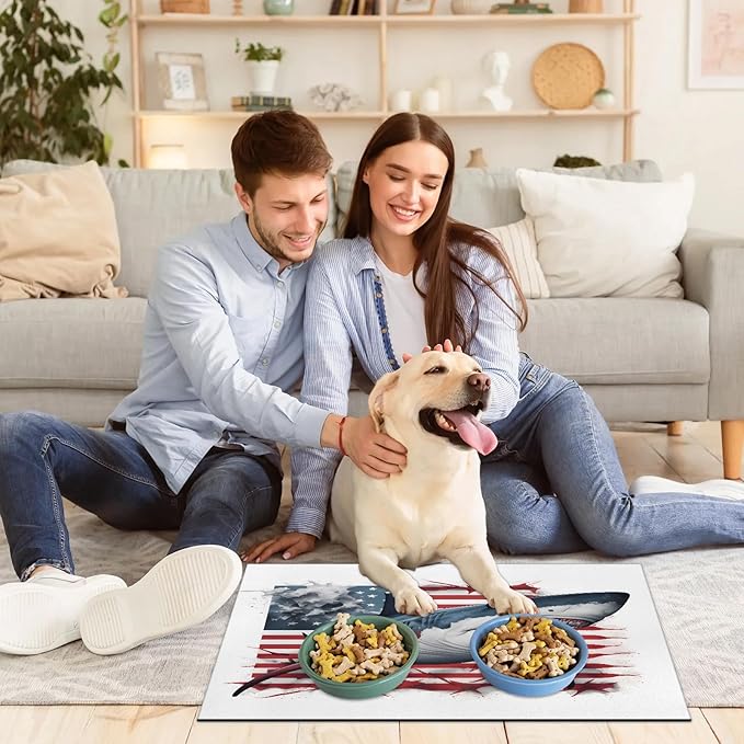 Cool Sharks Dog Food Mat for Floors Absorbent Dog Bowl Mat for Food and Water Dispenser Quick Dry Cat Food Placemat Pet Supplies 24" x 32", American Flag