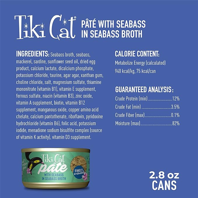 Tiki Cat Luau Pâté, Seabass Recipe in Seabass Consumme, Grain-Free Balanced Nutrition Wet Canned Cat Food, for All Life Stages, 2.8 oz. Cans (Pack of 12)
