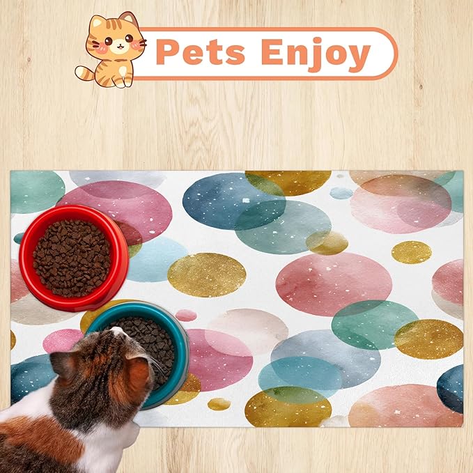Polka Dot Dog Food Mat for Floors Absorbent Dog Bowl Mat for Food and Water Dispenser Quick Dry Cat Food Placemat Pet Supplies 17" x 30", Watercolor Circle