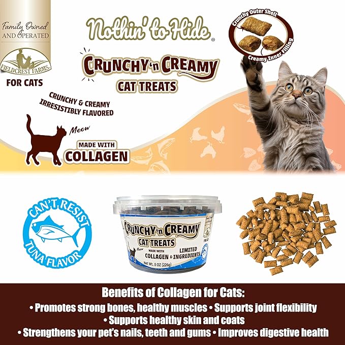 Fieldcrest Farms Nothin’ to Hide Collagen Cat Treats – Crunchy & Creamy Cat Snacks, High-Protein Healthy Treats for Skin, Coat & Joint Support, Tuna Flavor, 8 oz. Resealable Tub