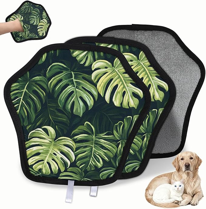 Tropical Leaf Print Electrostatic Pet Hair Removal Glove for Cats & Dogs - Reusable Grooming Mitt for Couch, Carpet, Car Seat & Laundry - Large 9x9 Inch