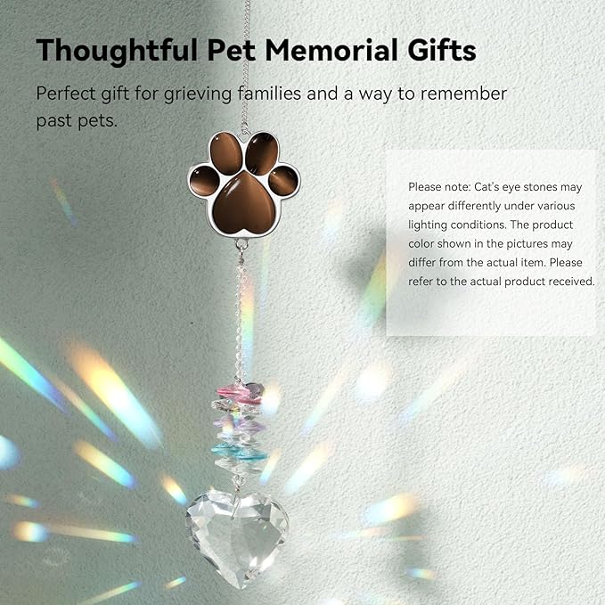 Pet Memorial Suncatcher - Dog Memorial Gifts, Pet Loss Sympathy, Thoughtful Dogs and Cats Condolence Bereavement Remembrance Gifts, Chrysoberyl Cat's Eye Stone Paw Crystal Suncatcher