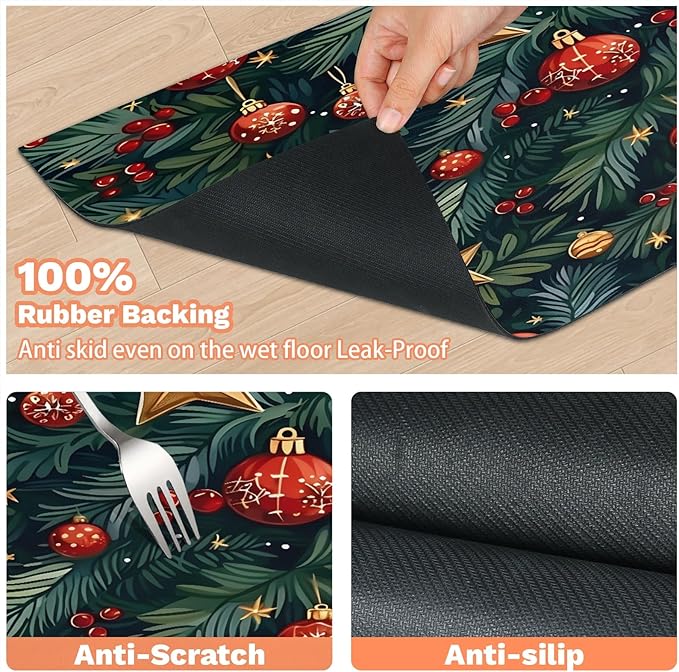 Christmas Holly Dog Food Mat for Floors Absorbent, Quick Dry Water Dispenser Mat for Food, Water, Pet Supplies 17" x 30", Xmas Ball Star
