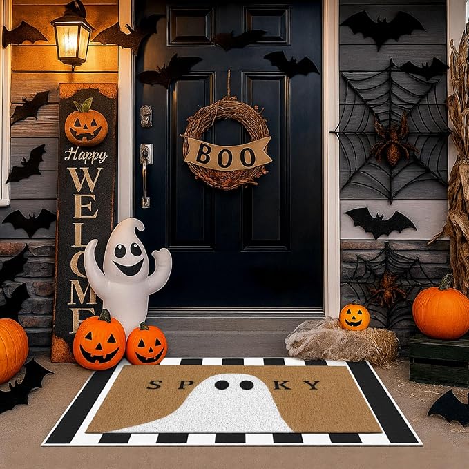 Tinideya 2 Pcs Halloween Doormat Spooky Ghost Outdoor Welcome Mats for Front Door Non Slip Ghost Coir Floor Mat Black White Stripe Halloween Rug for Outside Front Porch Entryway Decor