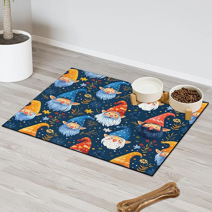 Merry Christmas Dog Food Mat for Floors Absorbent, Quick Dry Water Dispenser Mat for Food, Water, Pet Supplies 17" x 30", Cute Dwarfs