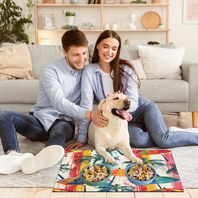 Palm Tree Dog Food Mat for Floors Absorbent, Quick Dry Water Dispenser Mat for Food, Water, Pet Supplies 12" x 20", Summer Tropical