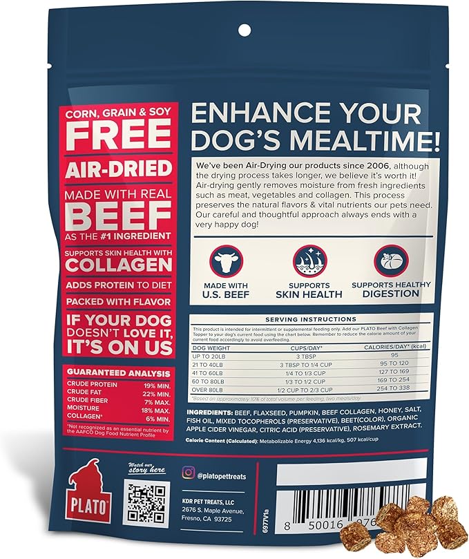Plato Pet Treats Dog Food Toppers - Air-Dried Dog Food Toppers for Dry Food - with Collagen to Support Skin and Coat Health - Beef and Collagen Recipe 12oz