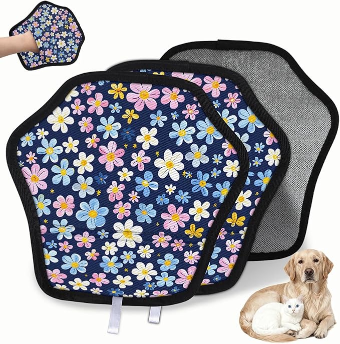 Beautiful Floral Electrostatic Pet Hair Removal Glove for Cats & Dogs - Reusable Grooming Mitt for Couch, Carpet, Car Seat & Laundry - Large 9x9 Inch