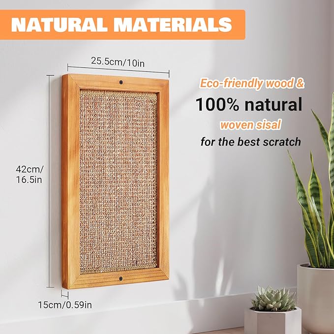 Wall Mounted Cat Scratching Post, Wooden Sisal Panel Scratcher, Natural Wood Frame with Durable Sisal Rope Surface for Cats，Space Saving Wall Furniture for Cats, Protects Furniture from Scratching