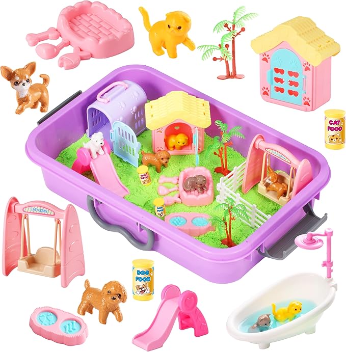 Pet Sensory bin,Dog and Cat Sandbox for Kids,Kids Play Sand Kit,Pet Play Set with Sensory Sand,Pet Care Play Set,Role Pretend Play Beach Toy Birthday Gift for Girls Boys 3 4 5 6 Years Old