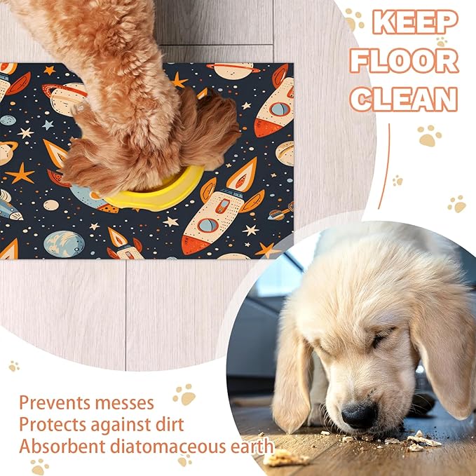 Rocket Dog Food Mat for Floors Absorbent, Quick Dry Water Dispenser Mat for Food, Water, Pet Supplies 17" x 30", Outer Space