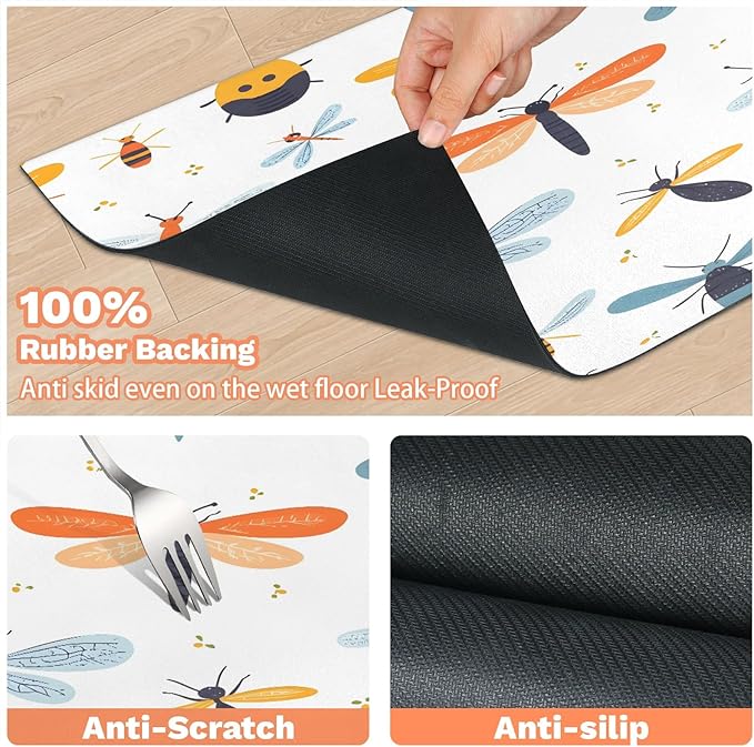 Boho Dragonfly Dog Food Mat for Floors Absorbent, Quick Dry Water Dispenser Mat for Food, Water, Pet Supplies 17" x 30", Colorful Dragonflies