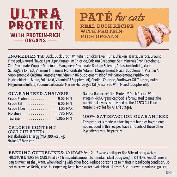 Natural Balance Ultra Protein Wet Cat Food Pate, Real Duck Recipe with Protein-Rich Organs for Cats, Pate Cat Food with High Protein - 2.8 oz. (Pack of 24)
