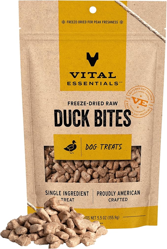 Vital Essentials Freeze Dried Dog Treats | Duck Bites, Single Ingredient | Premium Quality | Grain Free Training Treats for Dogs, 5.5 oz Bag