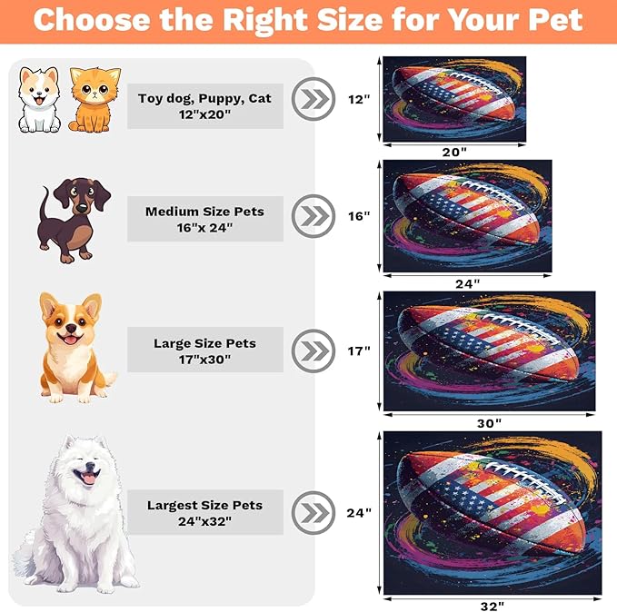 Rugby Football Dog Food Mat for Floors Absorbent, Quick Dry Water Dispenser Mat for Food, Water, Pet Supplies 17" x 30", American Flag