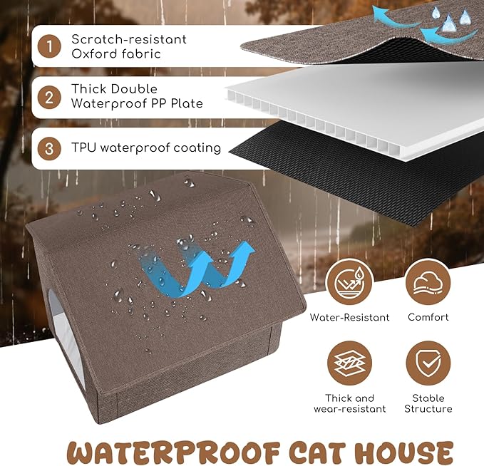 Outdoor Cat House Weatherproof, Insulated Cat Houses for Outdoor/Indoor Cats for Winter, Waterproof Feral Stray Cat Shelter with Door Curtain and Warm Cushion, Easy to Assemble, Brown