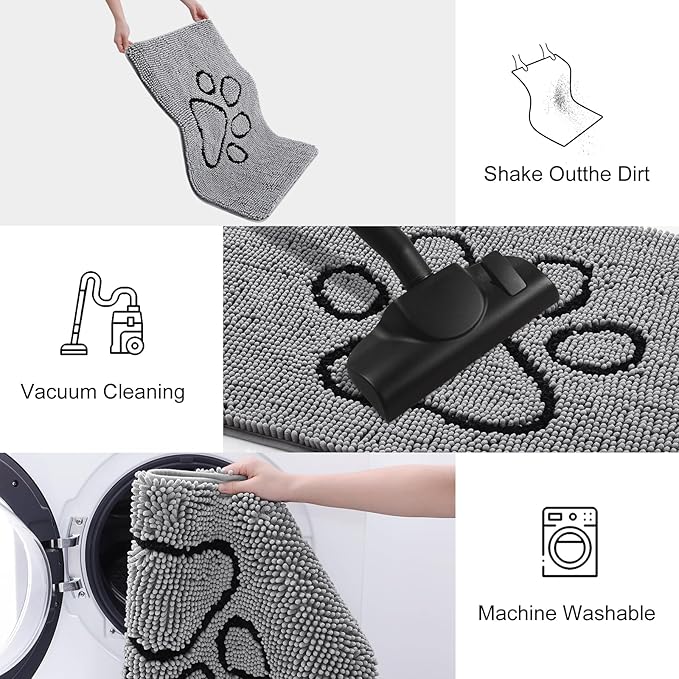 Smiry Dog Door Mat for Muddy Paws, Absorbent Dirt Trapper Non Slip Quick Dry Washable Chenille Mat for Mud Dogs, Entry Rug for Indoor and Outdoor (70x24 Inches, Grey and Black)