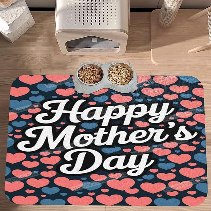 Absorbent Dog Water Cat Mat for Food Water Bowl Quick Dry Heart Happy Mother's Day Floral Gift for Mom Fk Pet Feeding Mats No Stains Dog Food Mat Pet Accessories Supplies Cat Bowl Mats 18X12In
