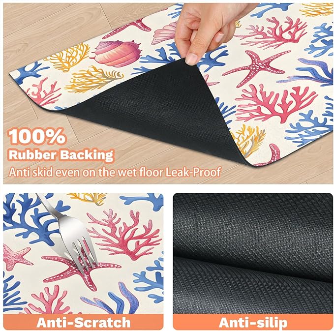 Nautical Beach Dog Food Mat for Floors Absorbent Dog Bowl Mat for Food and Water Dispenser Quick Dry Cat Food Placemat Pet Supplies 17" x 30", Watercolor Coral