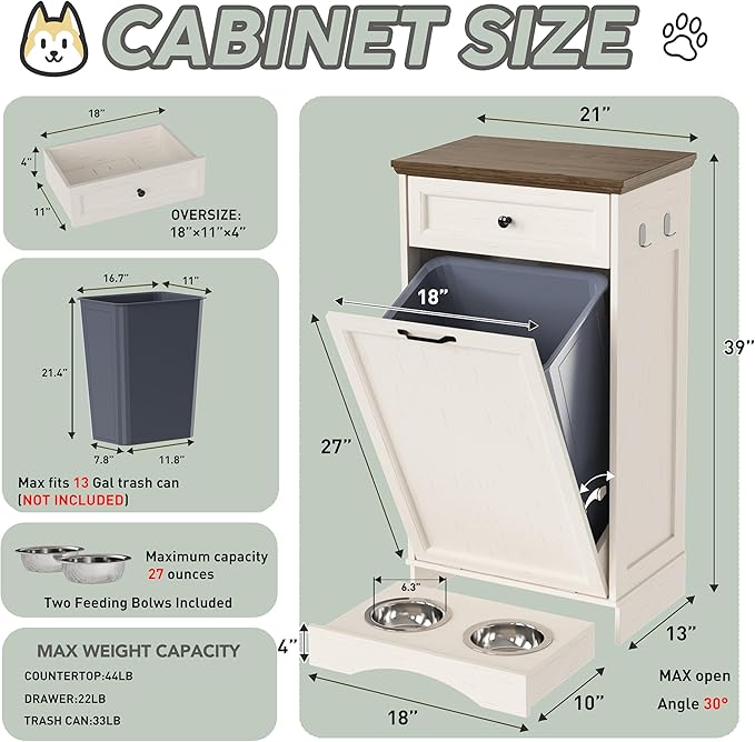 FIMELLO Dog Feeding Station, Tilt-Out Dog Food Storage Cabinet with Drawer,Pet Feeder Cabinet,White Grain
