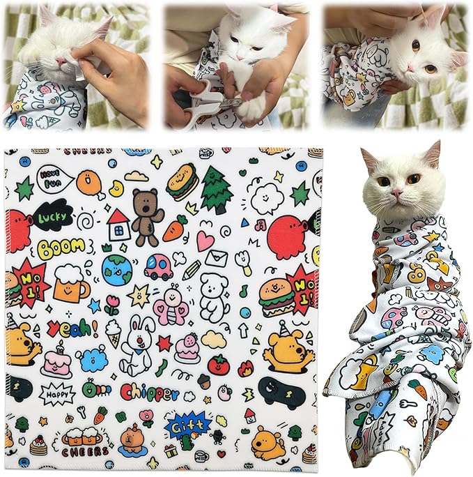 Cat Grooming Wrap, Self-Adherent Calming Cat Swaddle Wrap, Cat Wrap for Grooming, Nail Clipping, Anti-Scratch, Anti-Escape (27.6x27.6in)