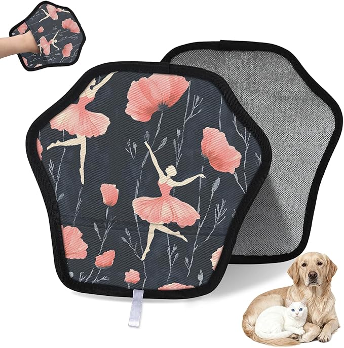 Reusable Pet Hair Removal Glove Floral Ballet Magic Brush for Cat & Dog Hair Remover for Car, Sofa, Bedding, Clothes - 9x9 Mitt Washable