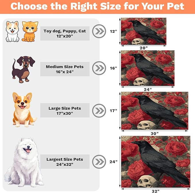 Halloween Raven Dog Food Mat for Floors Absorbent, Quick Dry Water Dispenser Mat for Food, Water, Pet Supplies 17" x 30", Skull Flower